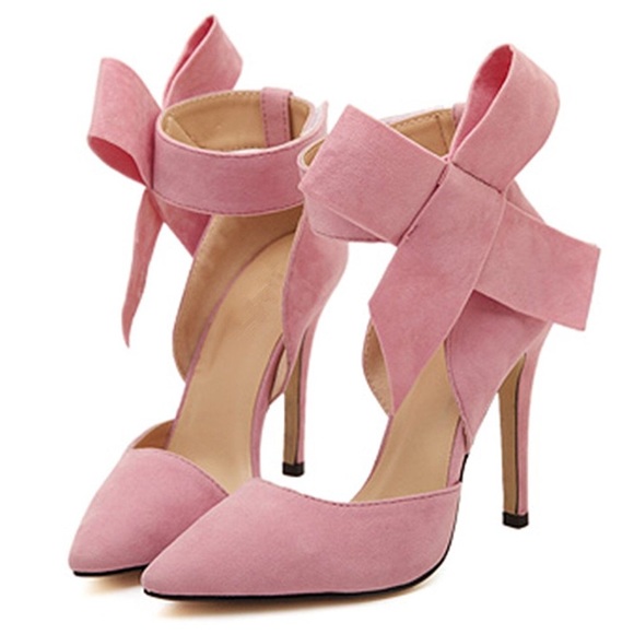 Shoes - Pink Pointed-Toe Stiletto Heels with Ankle Bow